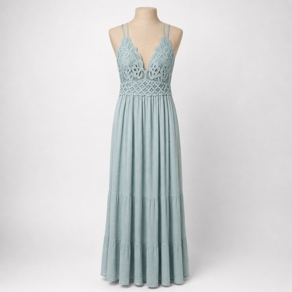 Crochet Lace Strappy Tiered Maxi Dress M Blue Fairy Wedding Guest Boho Ethereal